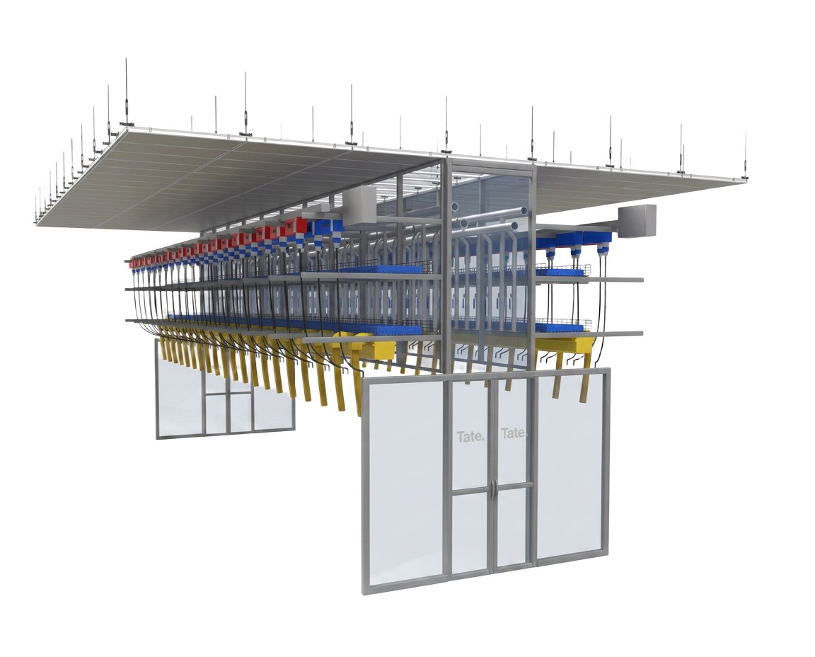 Ceiling supported manifolds with integrated liquid cooling